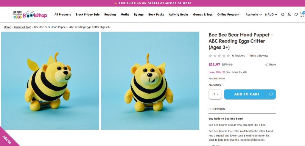 Bee-Bee-Bear-Hand-Puppet--ABC-Reading-Eggs-Critter-Ages-3-in-Bee-Bee-Bear-Hand-Puppet-–-ABC-Reading-Eggs-Critter-Ages-3-Reading-Eggs -aus-usa-uk